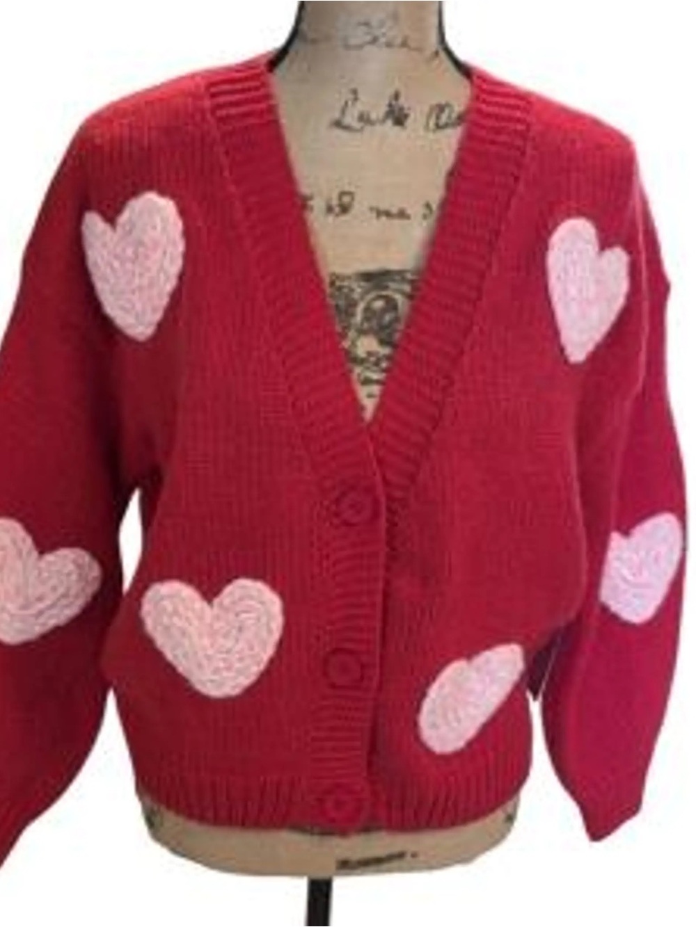 NWT Luna Ivy red/pink puff heart knit oversize cardigan in size small